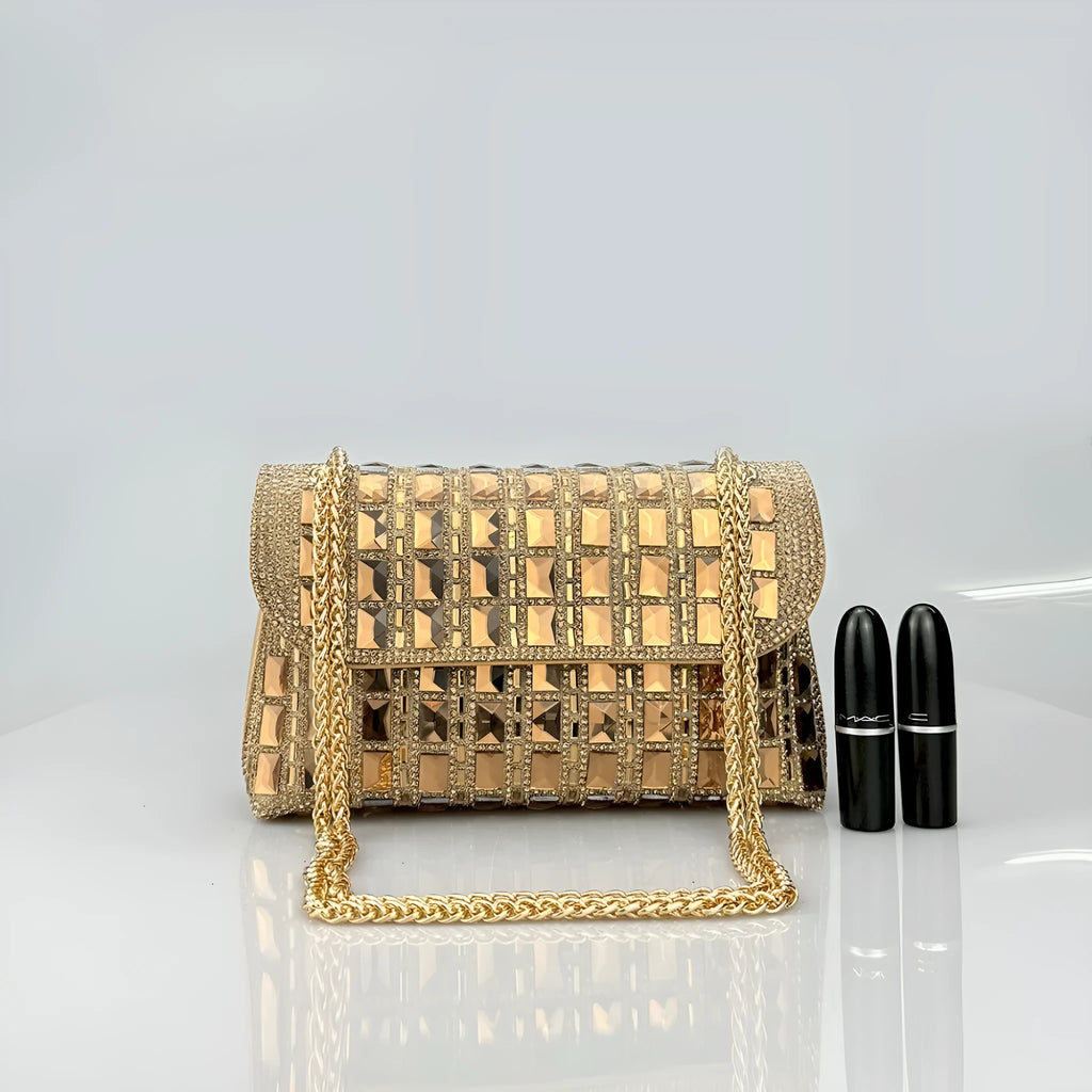 Shiny glass rhinestone chain clutch bag with dedicated phone compartment in retro style