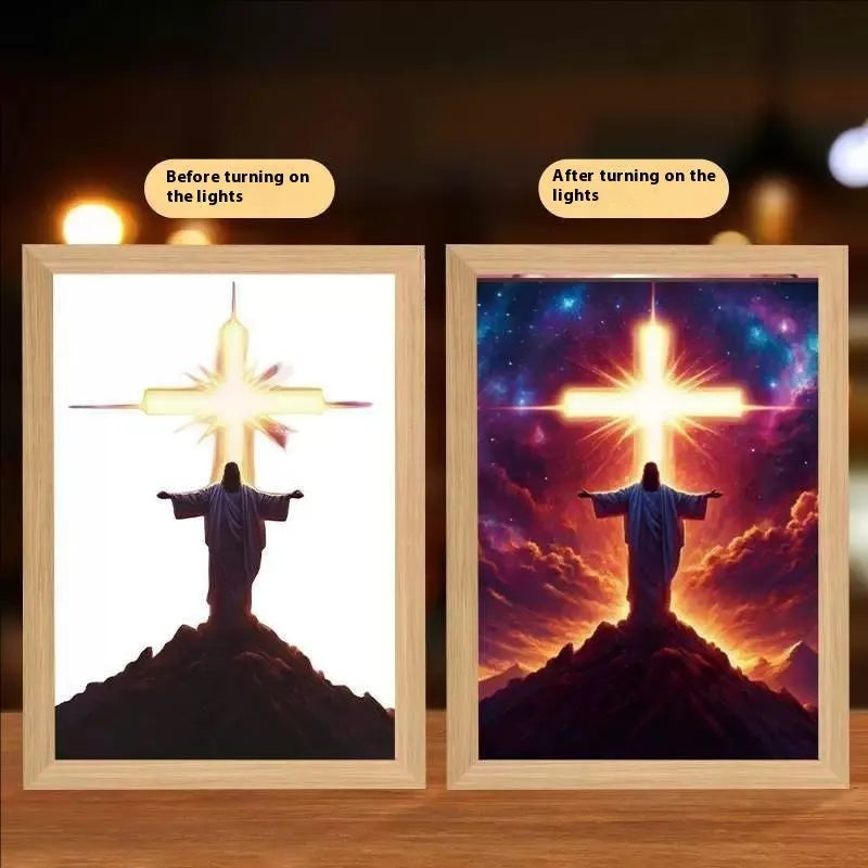 Handmade rectangular LED light painting photo frame showing a spiritual cross design, with USB cable.