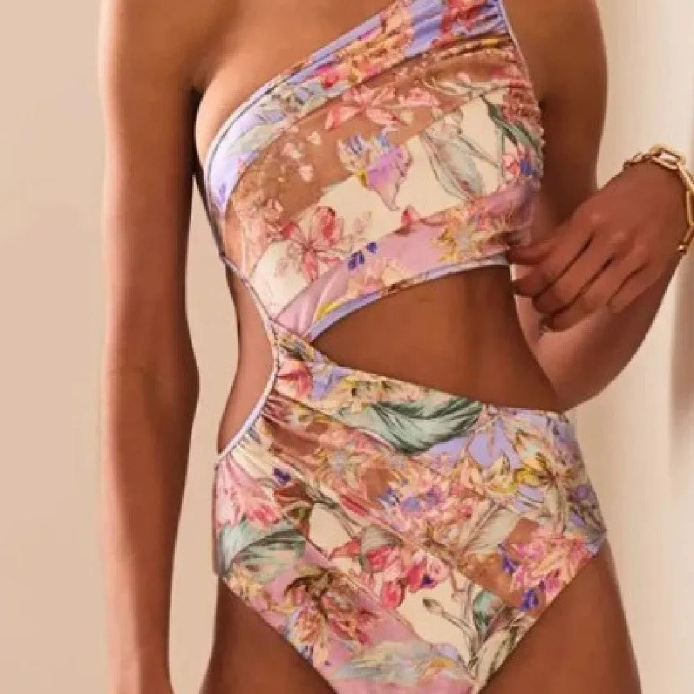 Rose gold floral pattern women's one-piece swimsuit for summer swimming