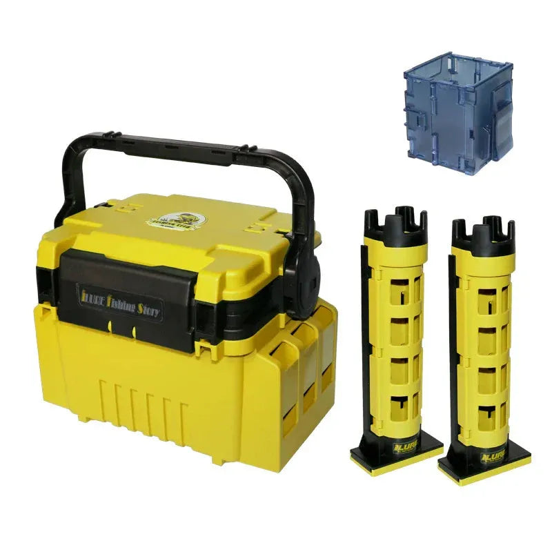 Portable double-layer ABS fishing box in blue with compartments, pole holder, and cup holder
