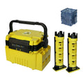 Portable double-layer ABS fishing box in blue with compartments, pole holder, and cup holder