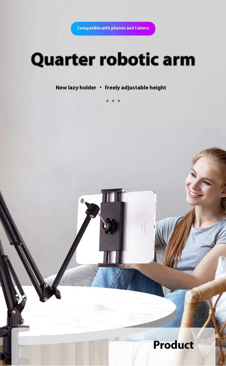Foldable metal desktop lazy bracket with tablet clip and 360° rotation arm on a desk