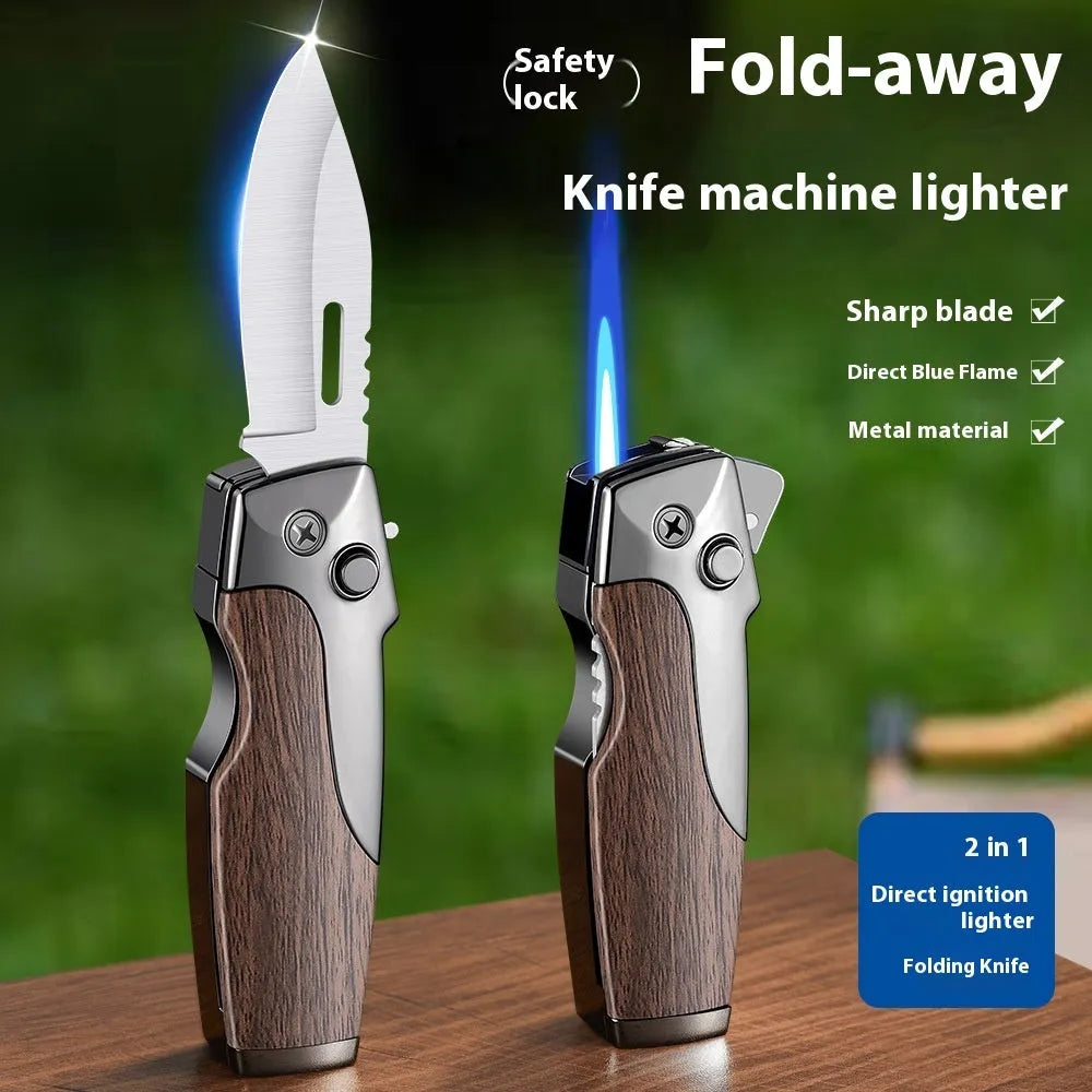 Zinc alloy metal folding lighter tool with integrated knife, shown in a carbon fibre finish.