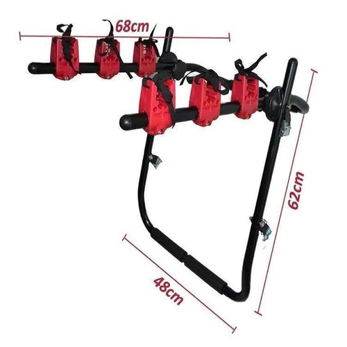 Black and red car boot mount bike rack showing iron frame with sponge padding and tie ropes.
