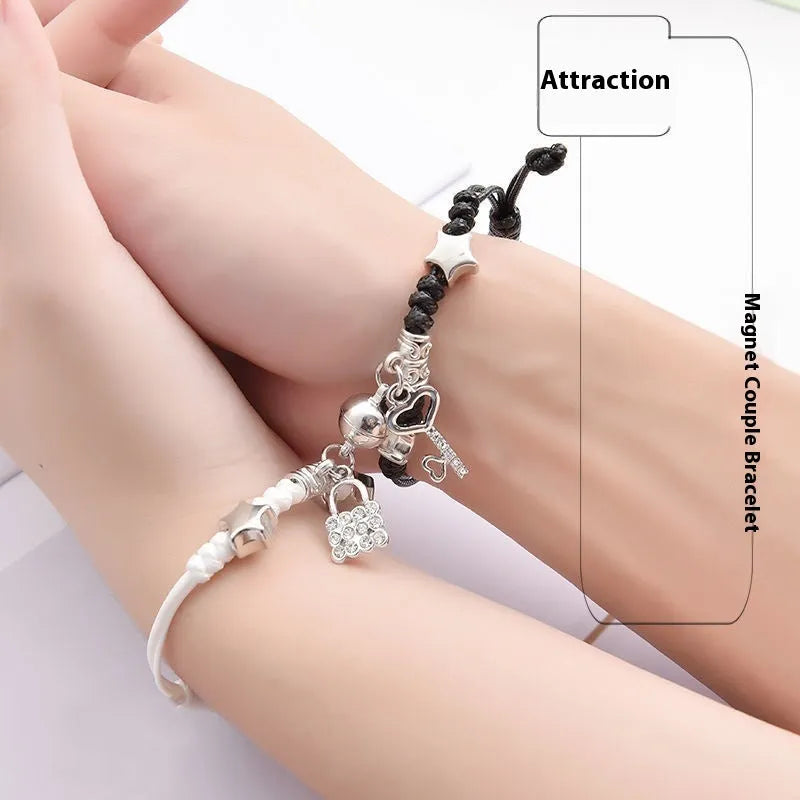 Magnet couple bracelets with electroplated finish showing magnetic clasp and symbolic design options