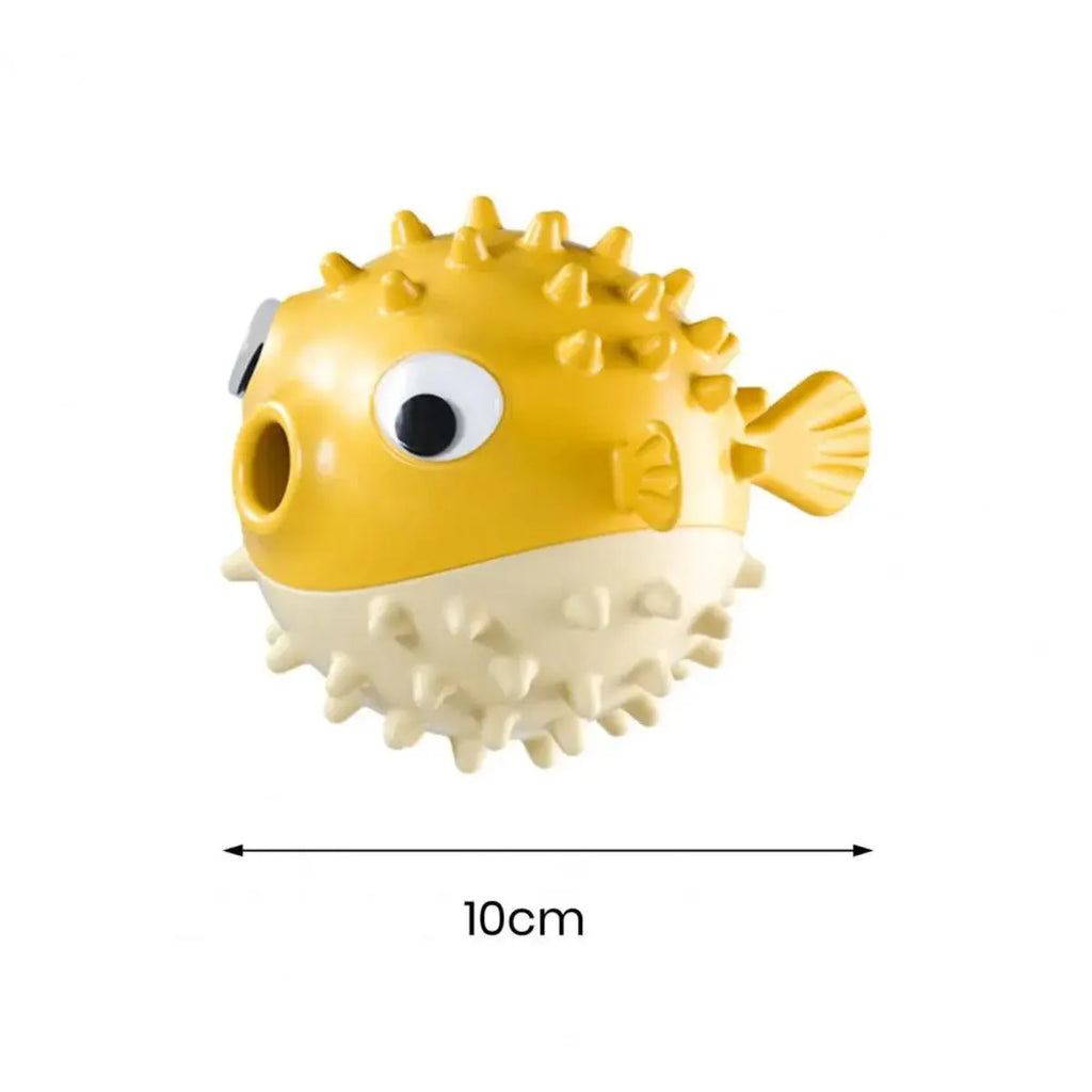 Yellow fish-shaped dog chew toy with textured surface and squeaker for aggressive chewers