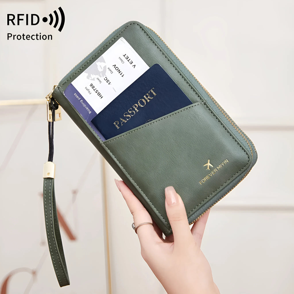 RFID multi-functional double zipper crossbody wallet in black with letter and stitching design