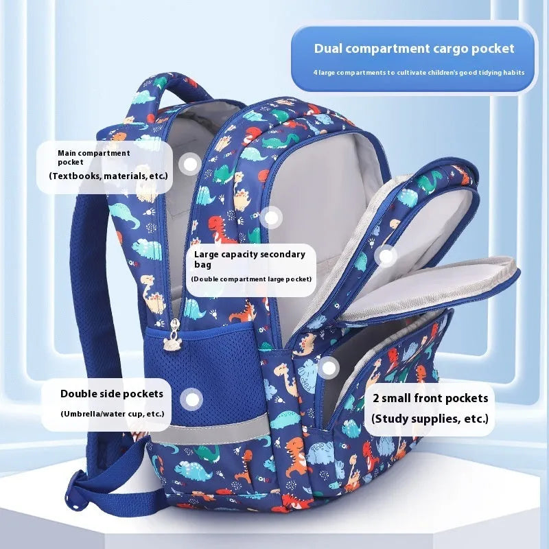 Blue children's Oxford cloth backpack with dinosaur print and curved shoulder straps.