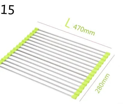 Stainless steel folding kitchen sink drain rack shown in a choice of colours