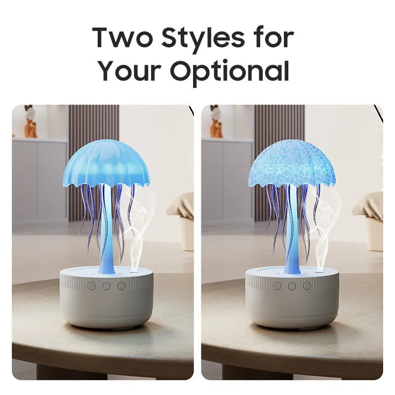White round plastic USB humidifier with rotating colourful light, single fog outlet, and 0.5-1L water tank