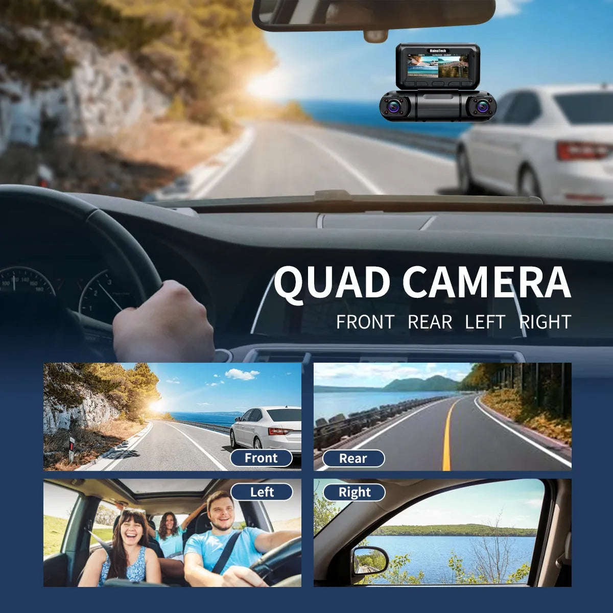 Hainatech 4 channel dash camera with 360 degree view, GPS, WiFi, night vision, and 128G memory card in black