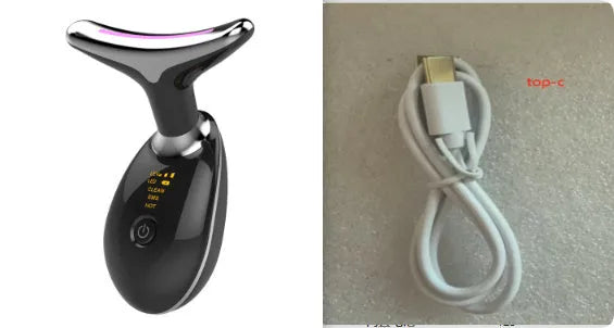 Black and silver EMS thermal neck lifting massager with LED lights for wrinkle reduction and skin tightening.