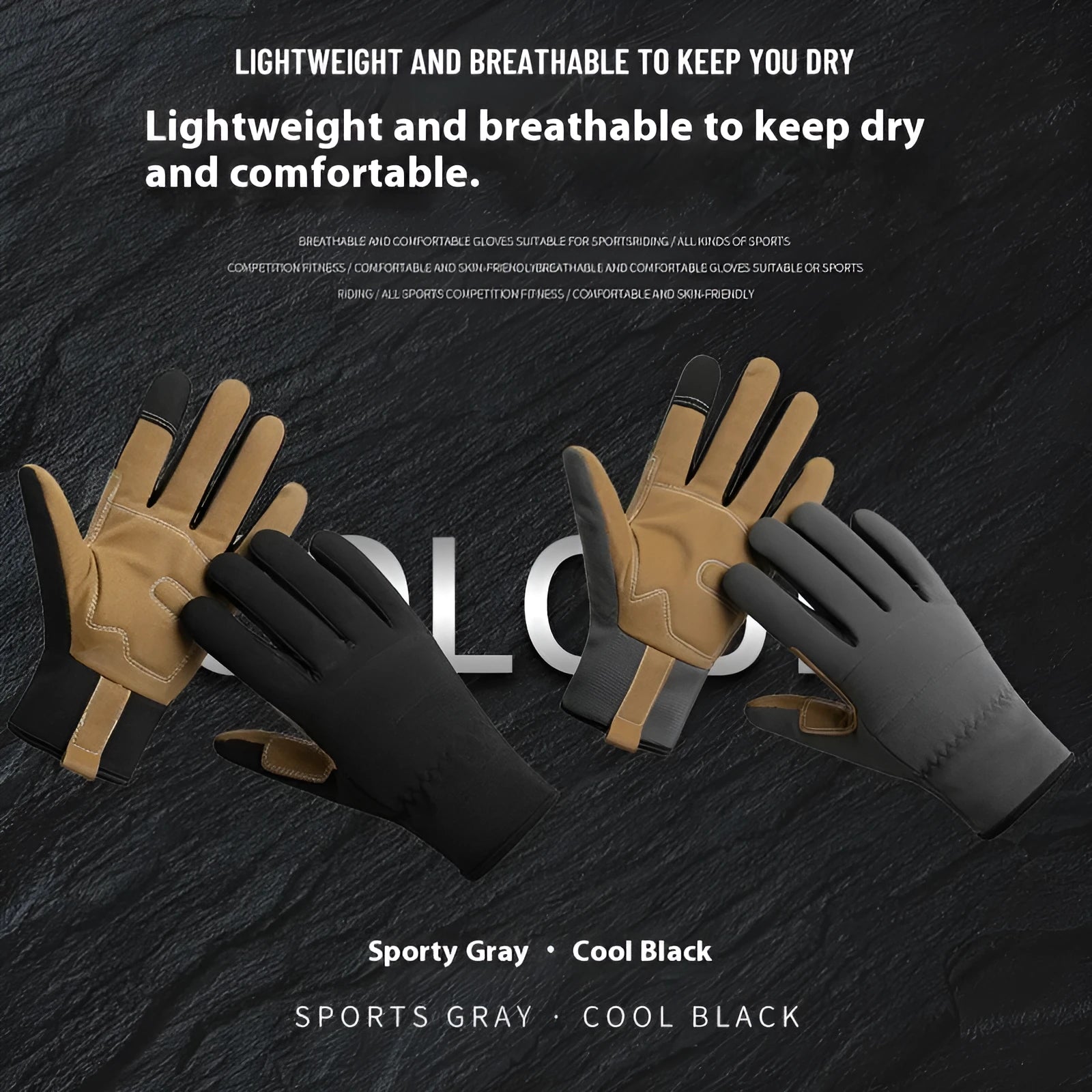 Pair of men's and women's sports cycling gloves in black PU fabric with touch screen fingertips