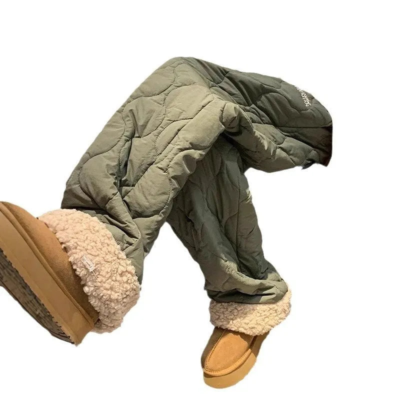 Men's fleece-lined down pants in black with mid-rise waist and drawstring closure