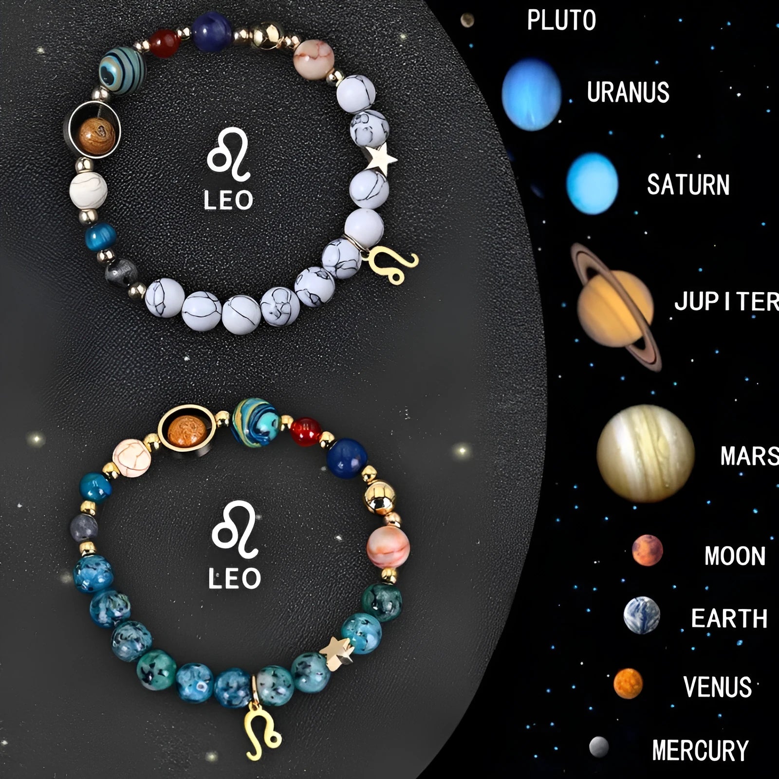 Set of two natural stone beaded bracelets on elastic cords for zodiac signs.