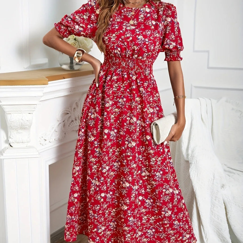 Women's floral print waist-cinching bubble sleeve dress with high waist long skirt in polyester fabric