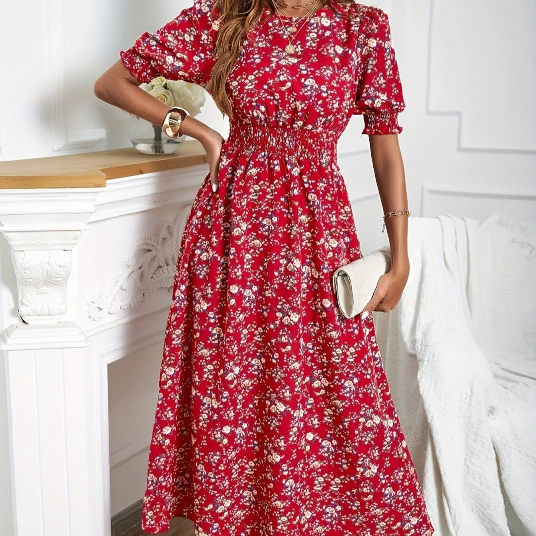 Women's floral print waist-cinching bubble sleeve dress with high waist long skirt in polyester fabric