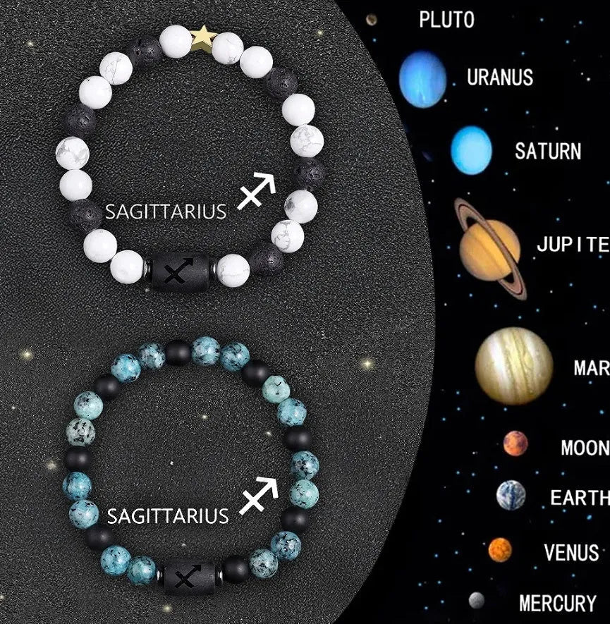 Set of two natural stone beaded bracelets with zodiac sign designs.