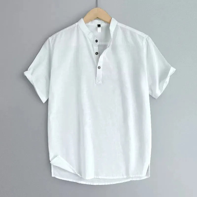 Men's solid colour short sleeve linen blend t-shirt in grey green on a hanger