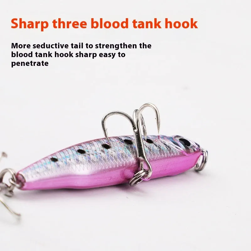 Small silver fish lure pencil bait with double hooks, set of five in storage box