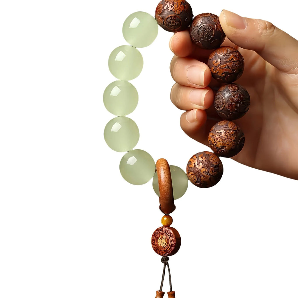 Wooden Fu character bracelet with twelve 20mm rosewood beads on flexible rings