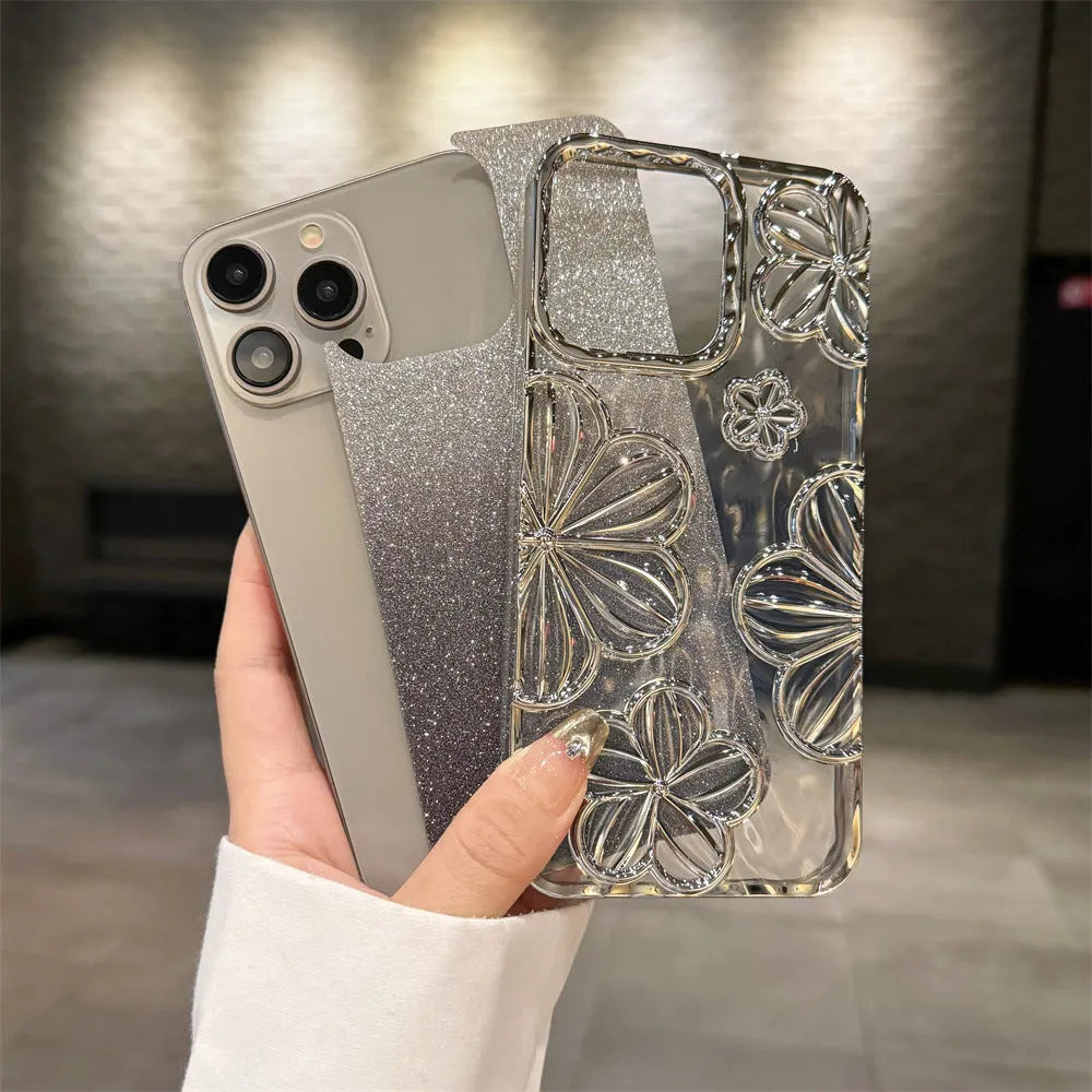 Electroplating glitter flower TPU soft shell phone case for Apple iPhone with silver pink blue black gold purple colour options