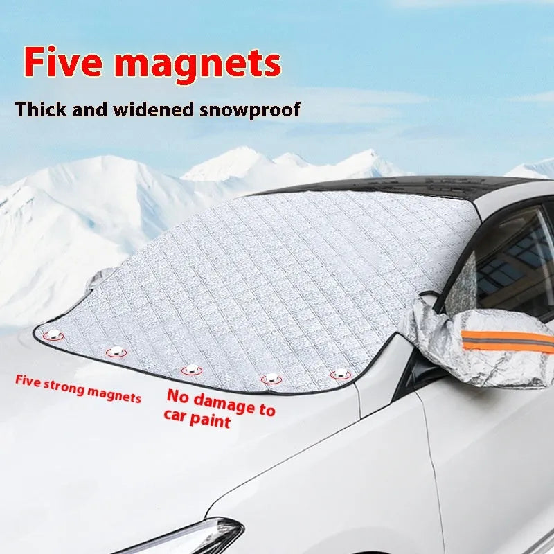 Winter car windshield cover for SUVs with aluminium foil construction and magnetic fasteners