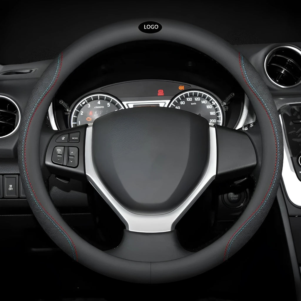 Black Napa leather steering wheel cover for Suzuki vehicles with 38cm diameter