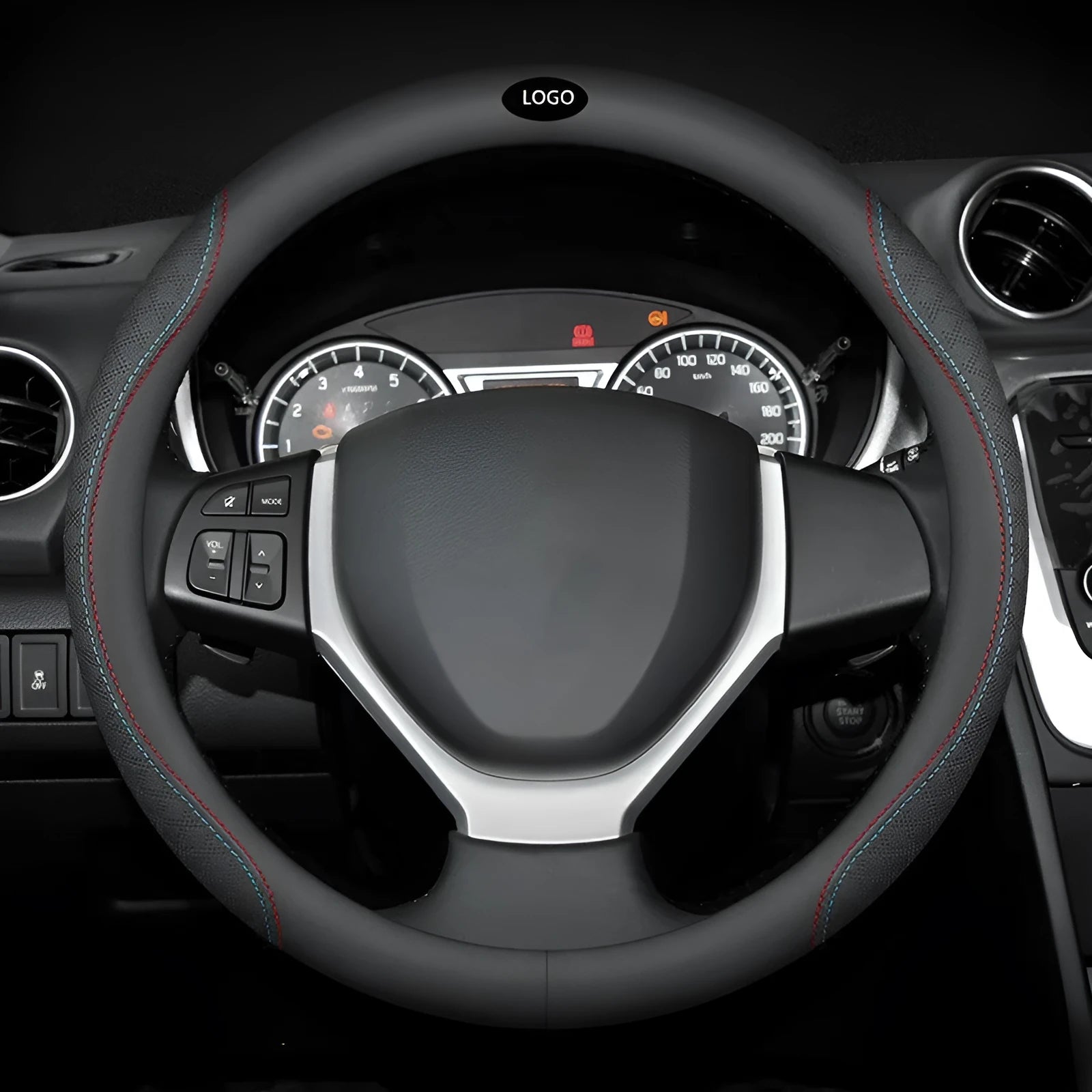 Black Napa leather steering wheel cover for Suzuki vehicles with 38cm diameter