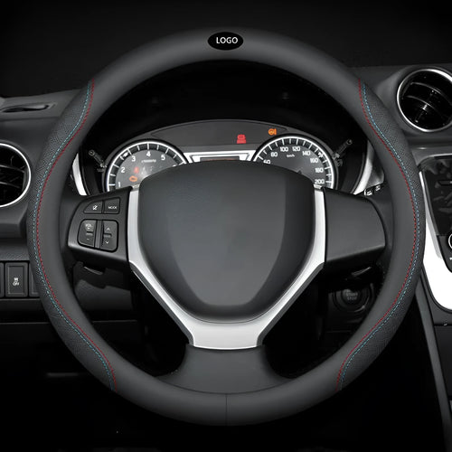 Black Napa leather steering wheel cover for Suzuki vehicles with 38cm diameter