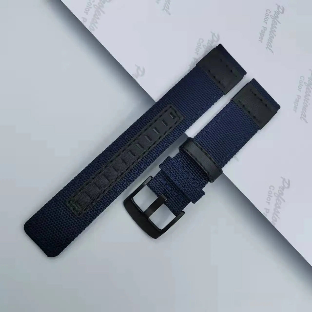 Oxford cloth canvas watch strap shown in multiple colours including army green and black, with size options displayed.
