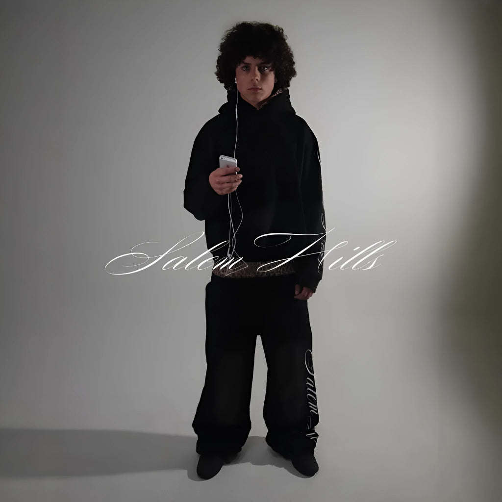 Men's black and white punk print fleece-lined hoodie and joggers loose fit tracksuit set.