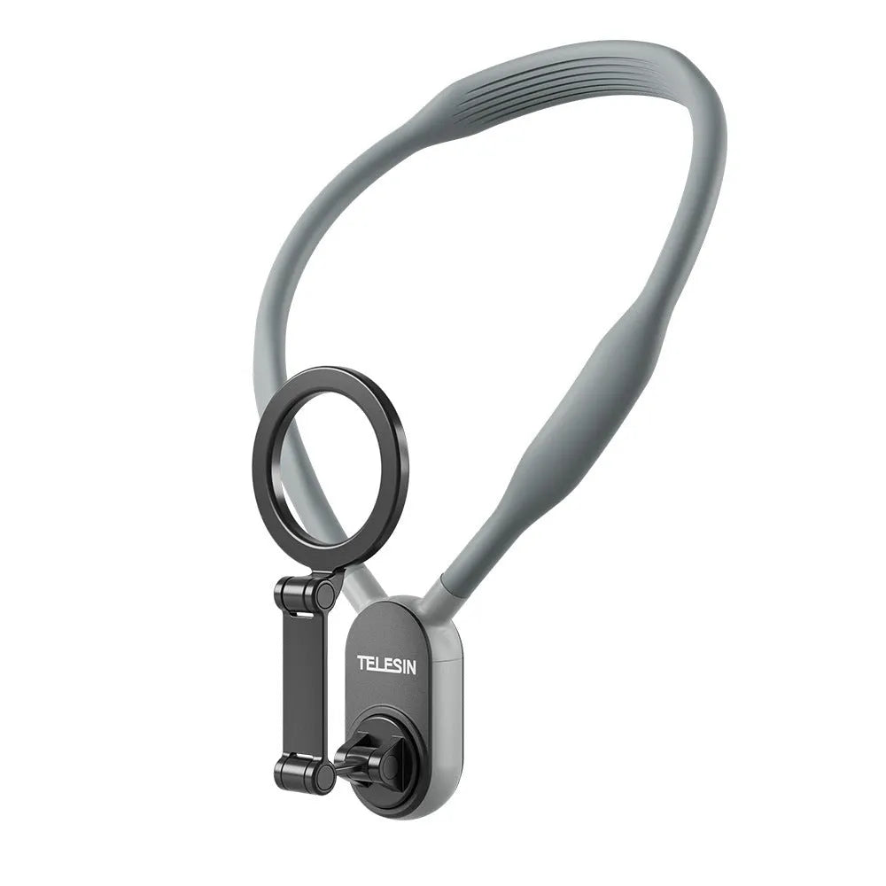 Grey silicone magnetic neck mount for mobile phones shown holding a phone in landscape orientation.
