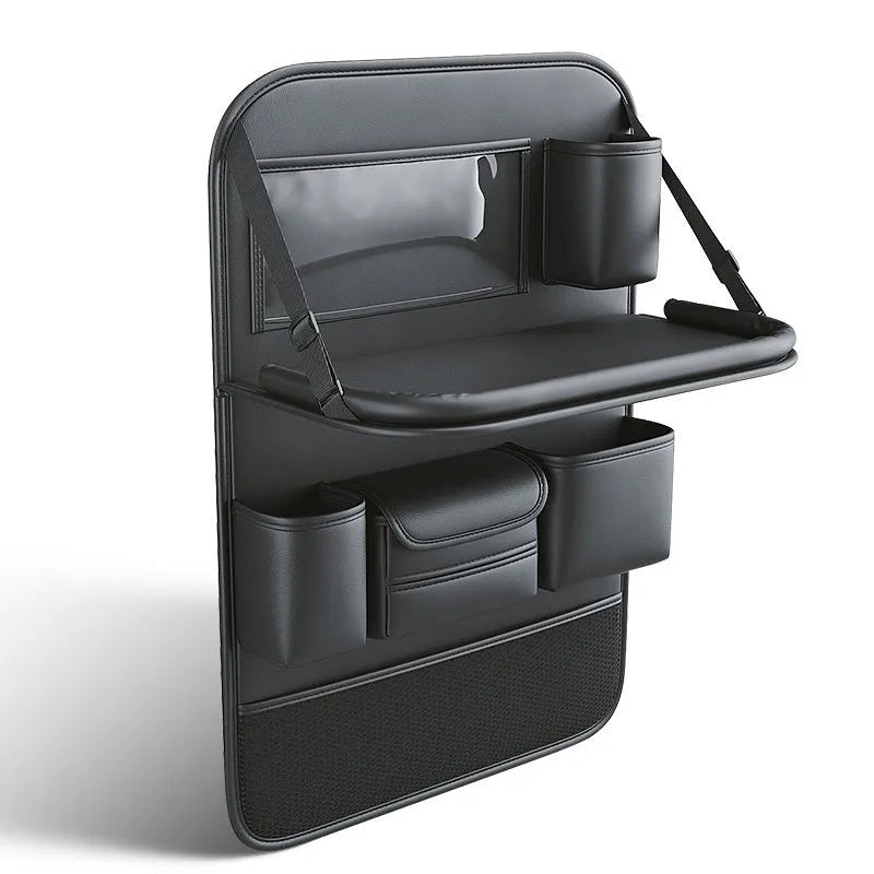 Leather car seat storage bag with carrying handle shown in black, hanging over a car seat.