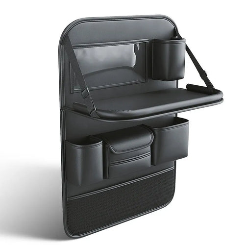 Leather car seat storage bag with carrying handle shown in black, hanging over a car seat.