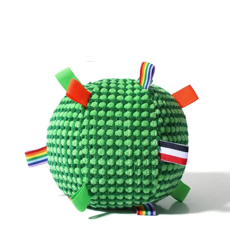 Blue and yellow textured pineapple lattice dog ball with vent holes, 17cm in diameter.