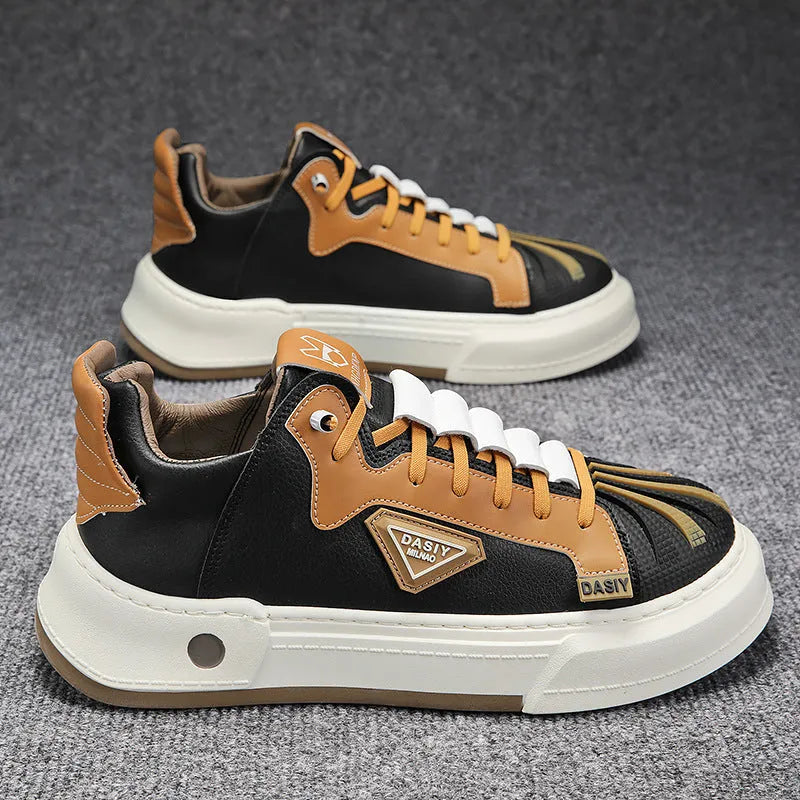 Men's beige and black casual sneakers with mesh lining and elastic band closure