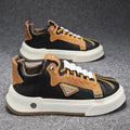 Men's beige and black casual sneakers with mesh lining and elastic band closure