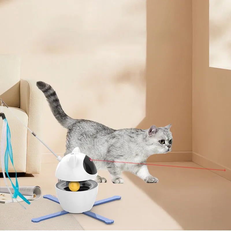 White automatic cat toy with rotating colourful stick and elastic rope for indoor pet entertainment