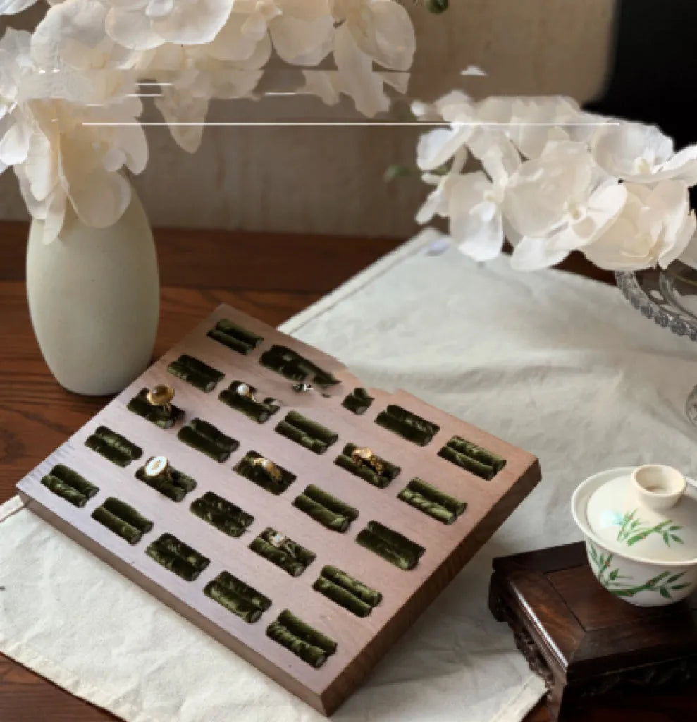 Solid wood walnut necklace display stand with ink painting bamboo design jewellery rack