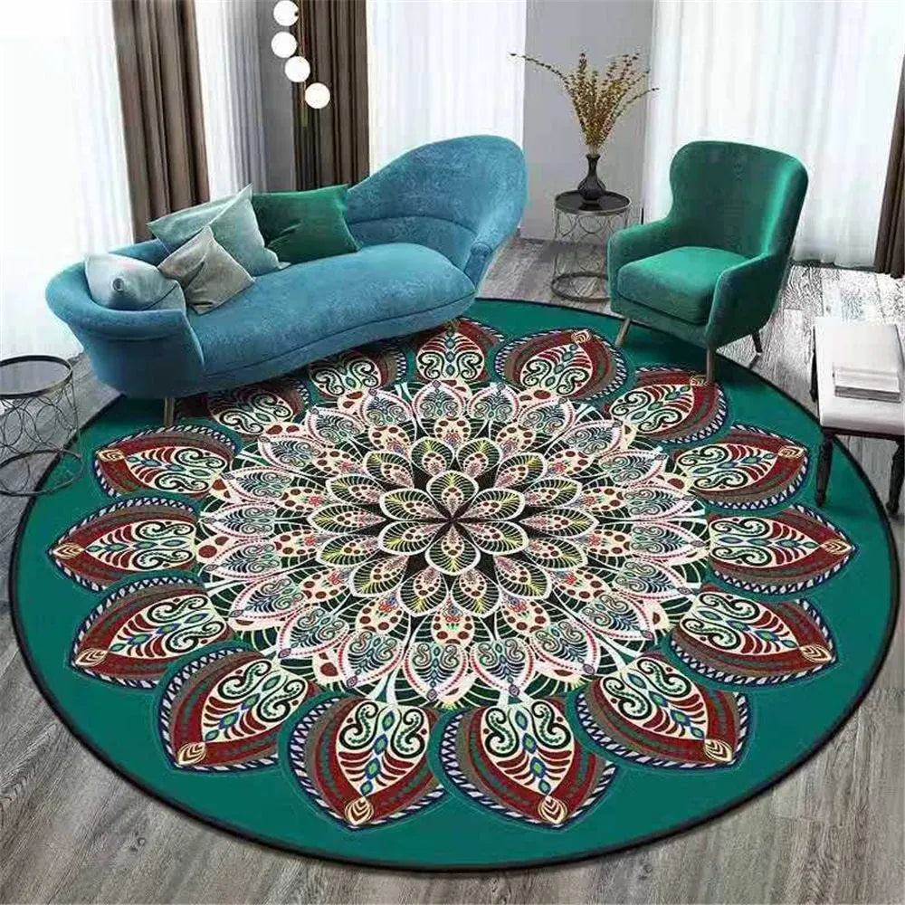 Round national style polyester rug in a colour pattern on a wooden floor