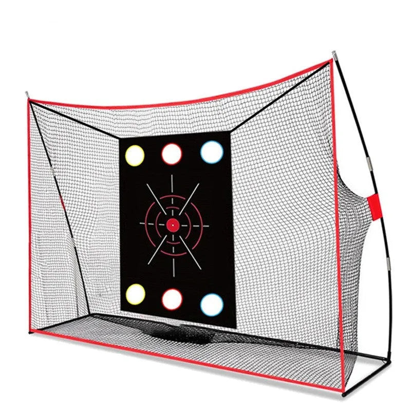 Golf swing wedge training net with straw mat and practice balls set up for chip shot practice