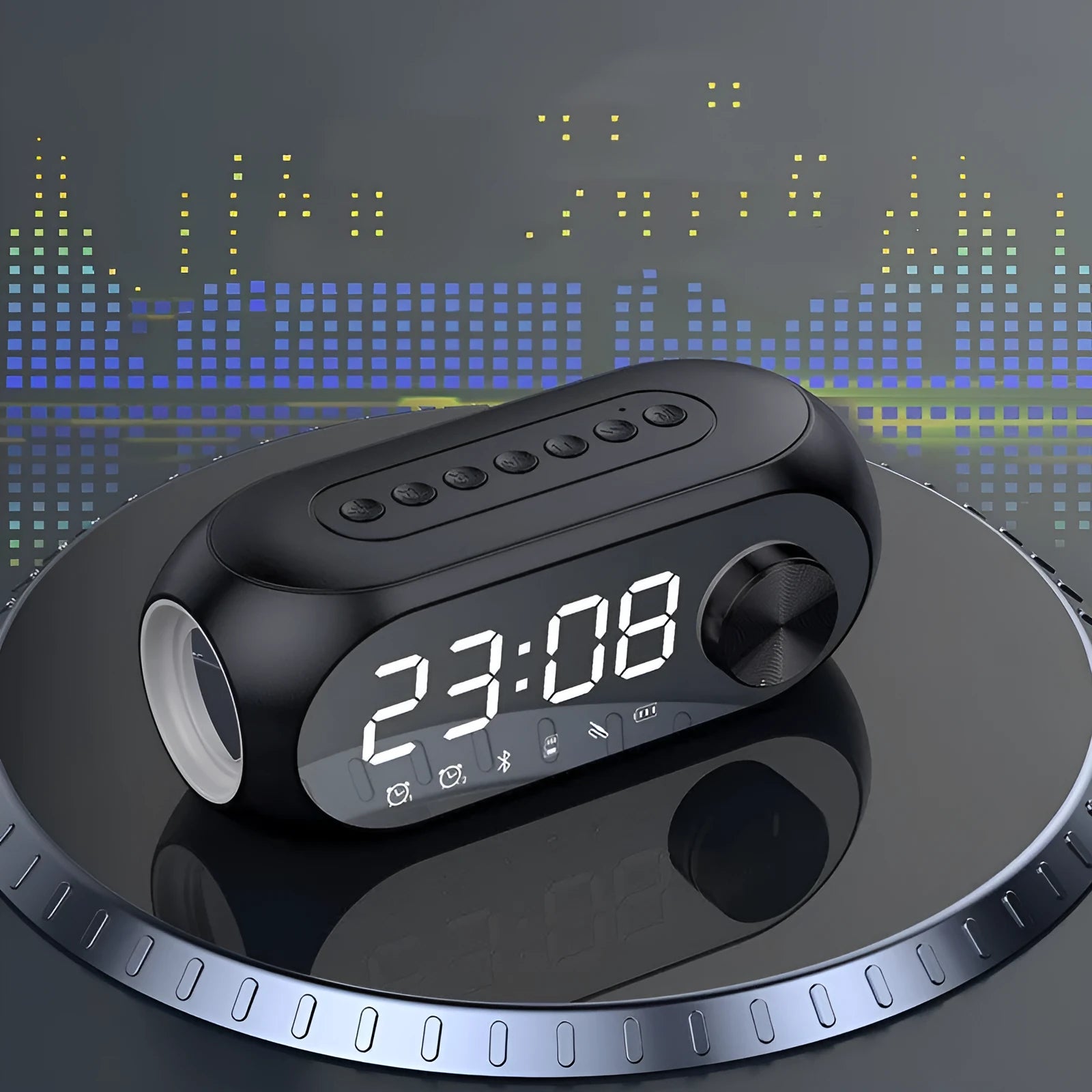 Portable mini clock radio speaker with extra bass in S8 Black, White and Blue colour options