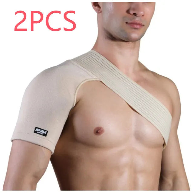 Adjustable free-size sports shoulder protective strap in skin colour for weightlifting and outdoor activities.