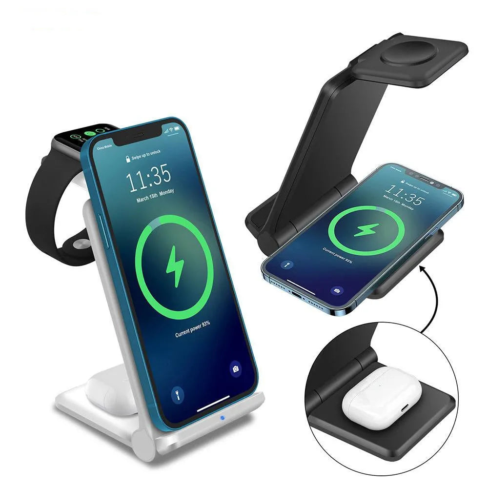 Black and white 3-in-1 foldable wireless charging station for iPhone, Samsung phone, AirPods, and Apple Watch.