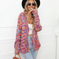 Rose red rainbow striped loose fit cardigan coat with regular sleeves on hanger