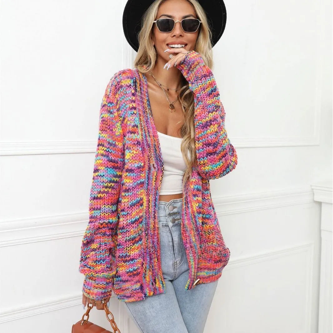 Rose red rainbow striped loose fit cardigan coat with regular sleeves on hanger