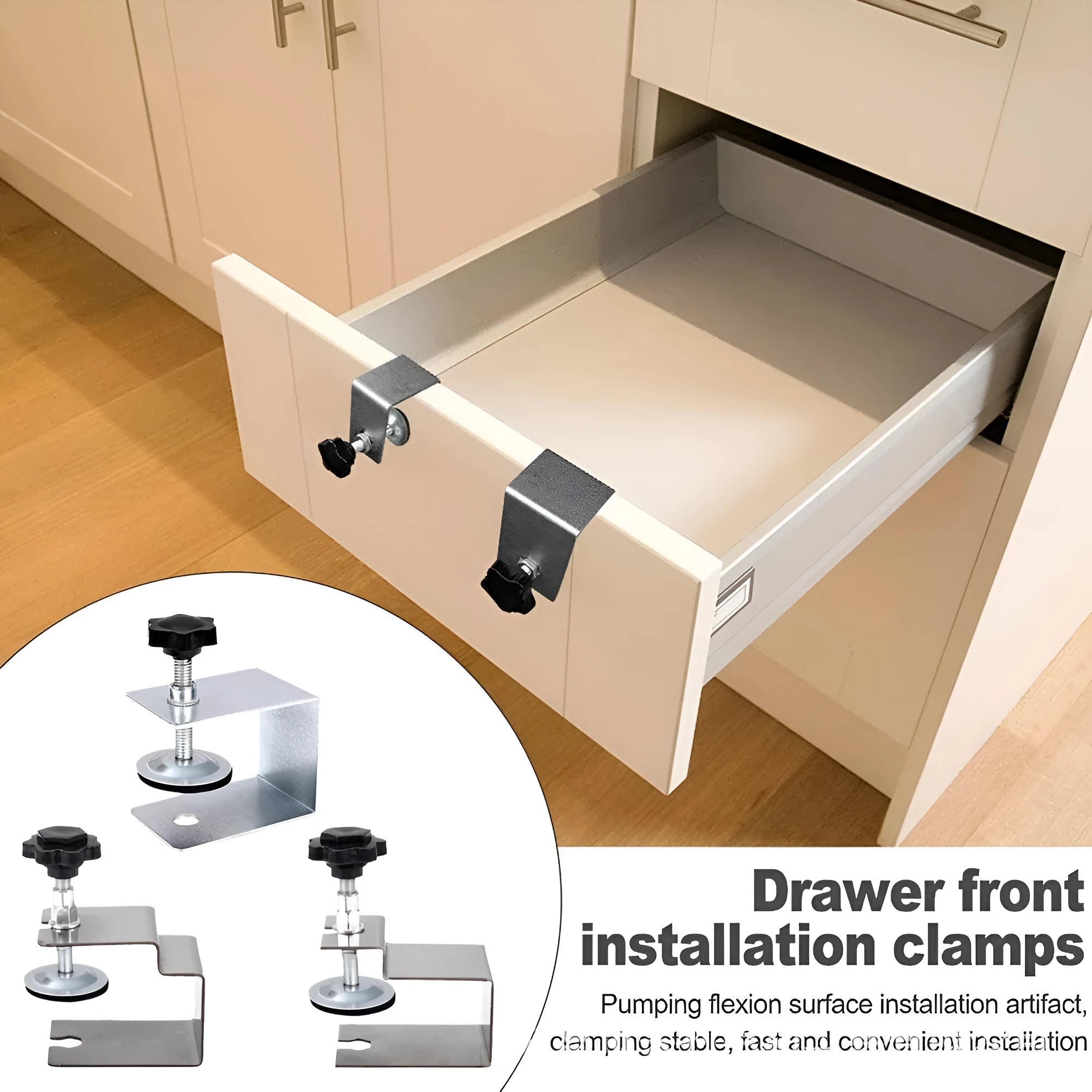 Stainless steel drawer panel fixing clip for cabinet and drawer assembly
