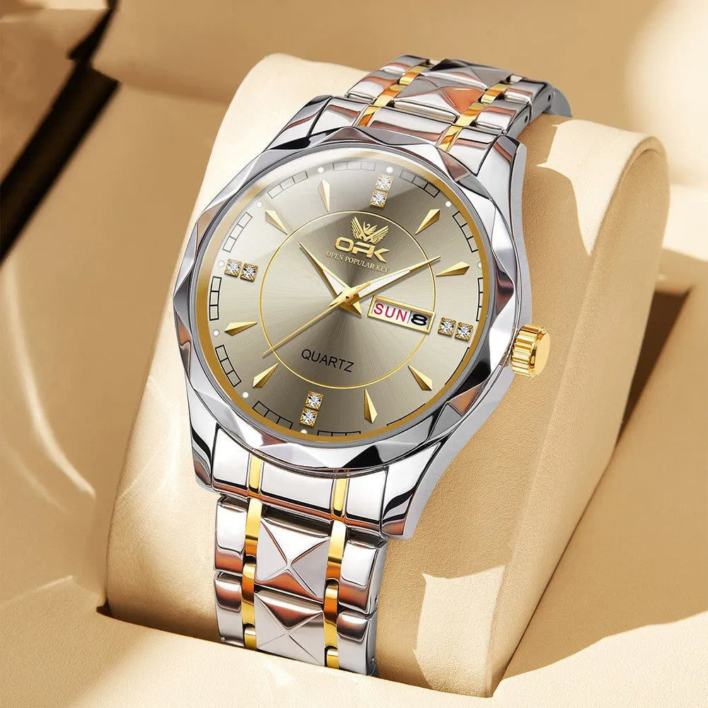 Round stainless steel men's watch with double calendar display on white background