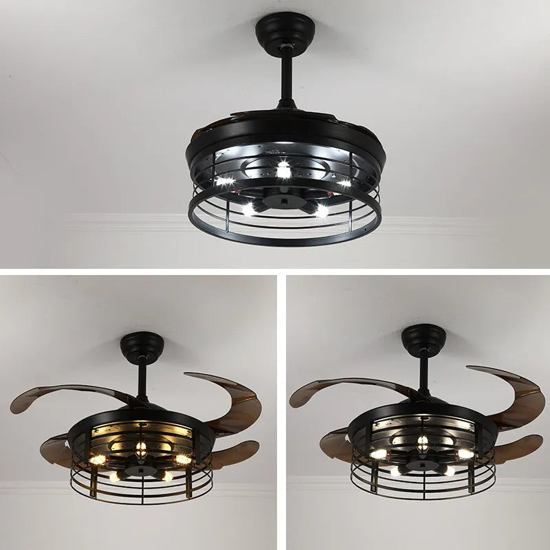 American retro industrial ceiling fan lamp with invisible acrylic blades and remote control